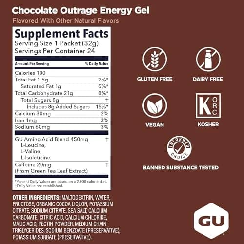 GU Energy Original Chocolate Outrage Energy Gel 32ml (1.1 Fl Oz) | High Protein Nutritional Supplement thumbnail 3