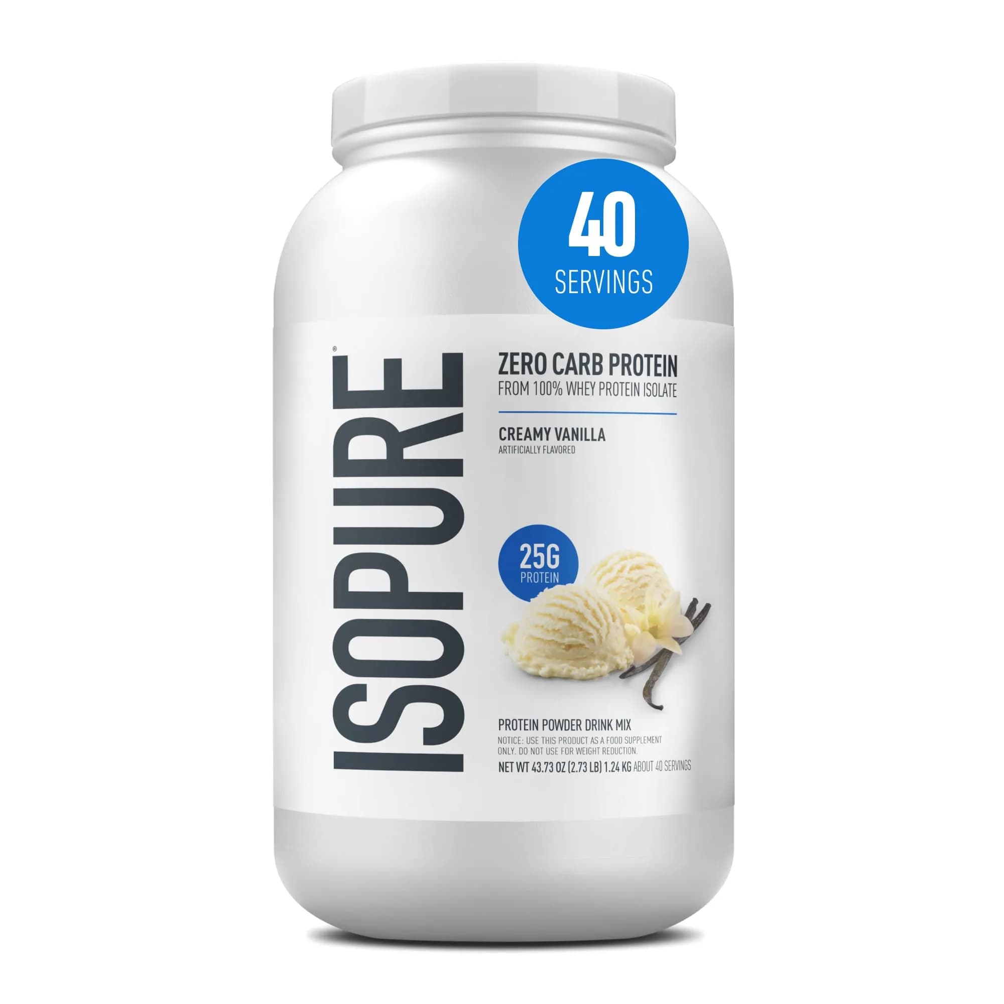 Isopure Creamy Vanilla protein powder tub Whey isolate 44 servings