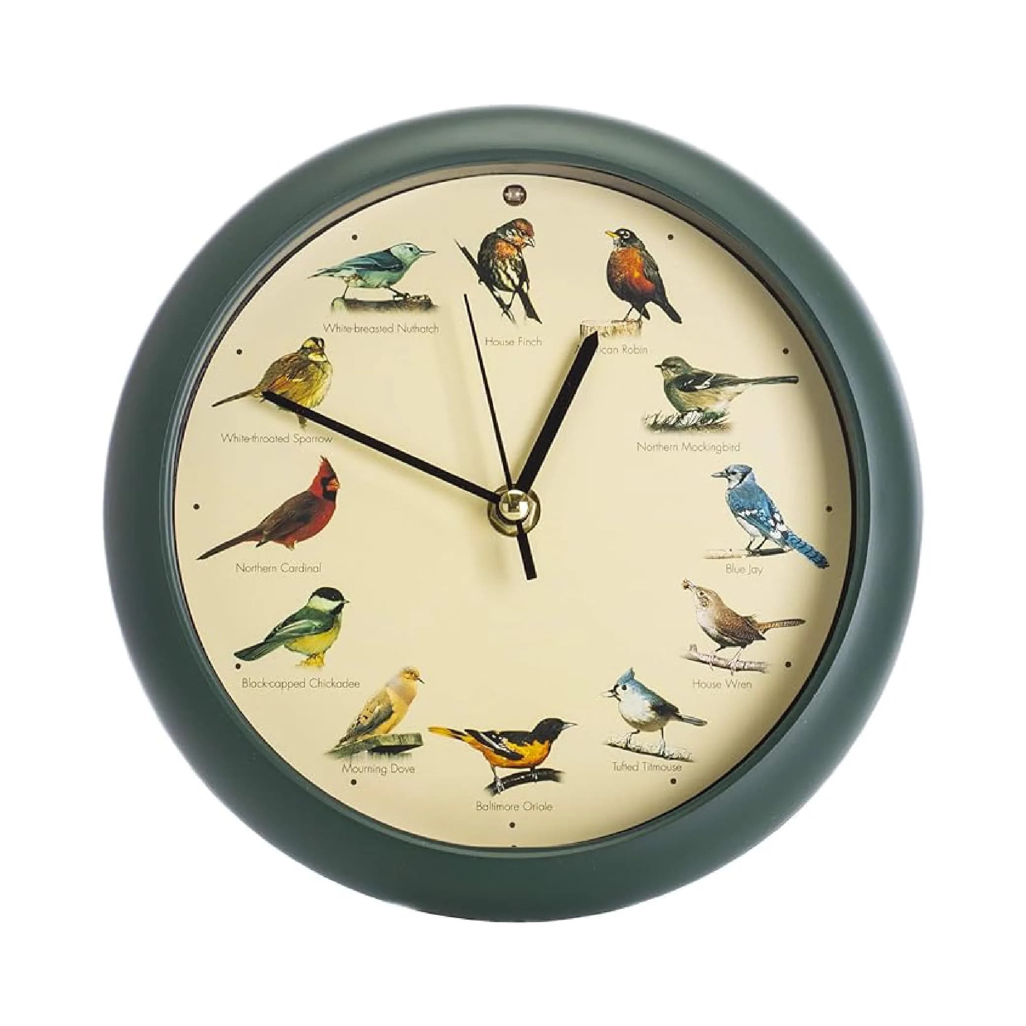 Mark Feldstein & Associates Green Singing Bird Clock 8 inch (20.3 cm) | 12 Real Bird Songs Hourly, Silent After Dark - main product image