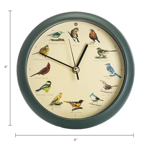 Mark Feldstein & Associates Green Singing Bird Clock 8 inch (20.3 cm) | 12 Real Bird Songs Hourly, Silent After Dark thumbnail 2