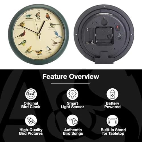 Mark Feldstein & Associates Green Singing Bird Clock 8 inch (20.3 cm) | 12 Real Bird Songs Hourly, Silent After Dark thumbnail 3