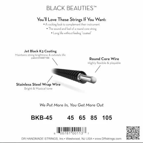 DR Strings Black Beauties Bass Strings Medium 45-105 (6-String Set) | Coated Stainless Steel for Bright Tone thumbnail 3