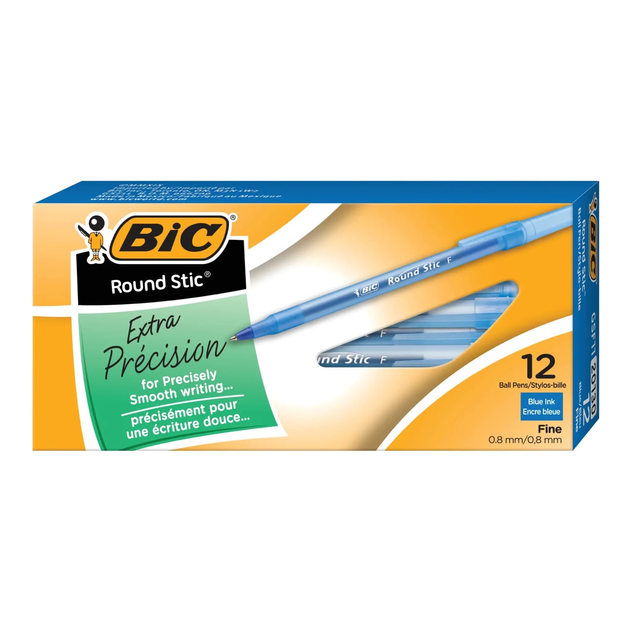BIC Round Stic Xtra Precision Ballpoint Pen, Fine Point (0.8mm), Blue, 12-Count | Writes the First Time, Every Time — Blue