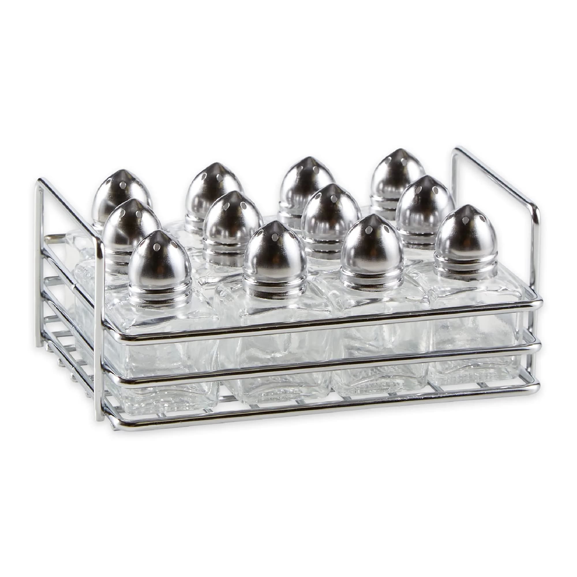 RSVP International Mini Glass Salt & Pepper Shaker Set with Holder, 12 Shakers, Chrome & Stainless Steel, 0.5 oz (15 ml) Capacity - main product image
