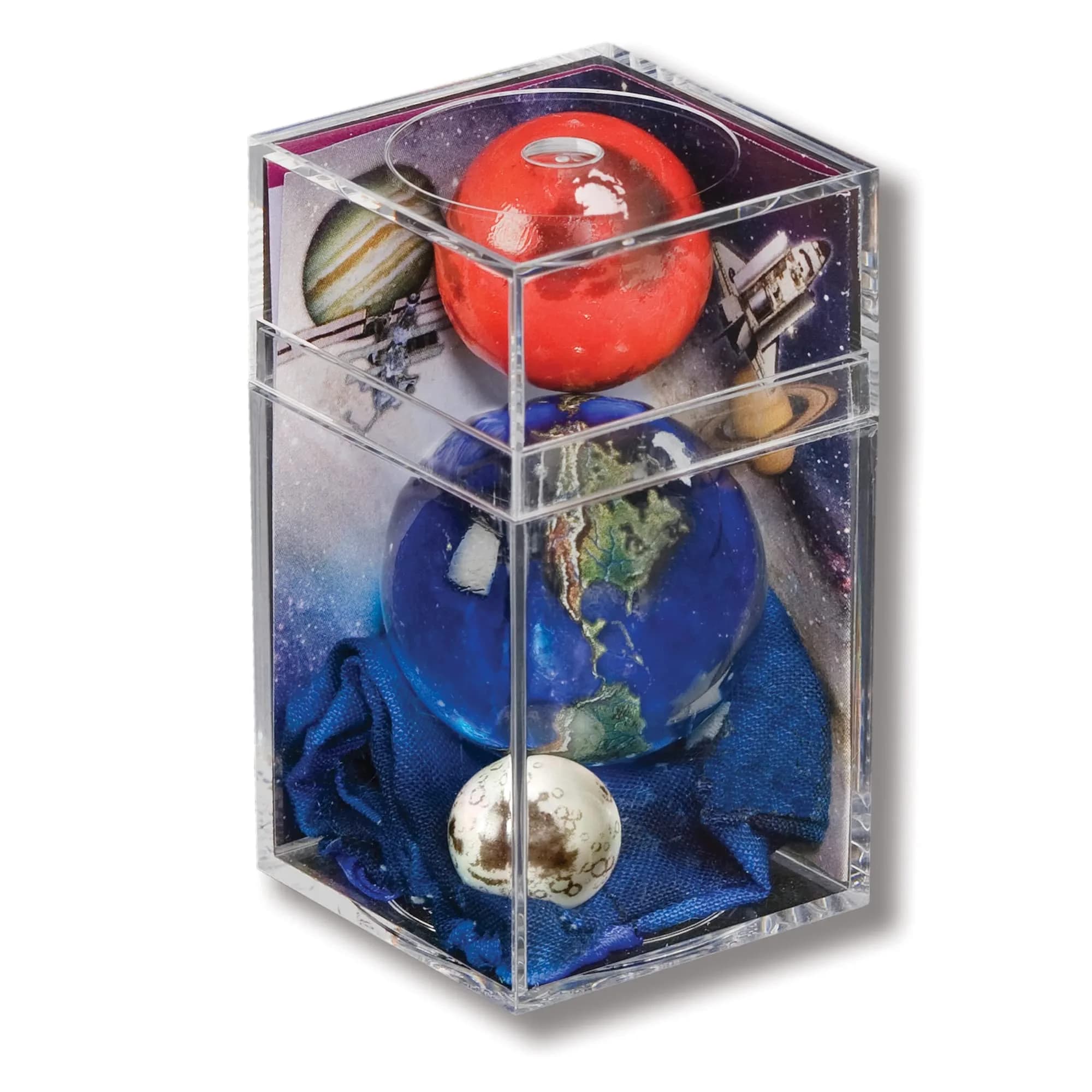 Shasta Visions Earth, Mars, and Moon to Scale Box Set | Glass Spheres at 1:300 Million Scale — Multicolored