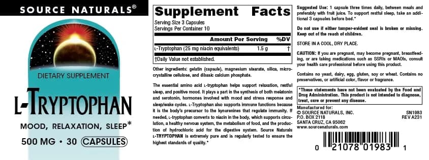 Source Naturals L-Tryptophan 500mg | Supports Restful Sleep & Mood thumbnail 4