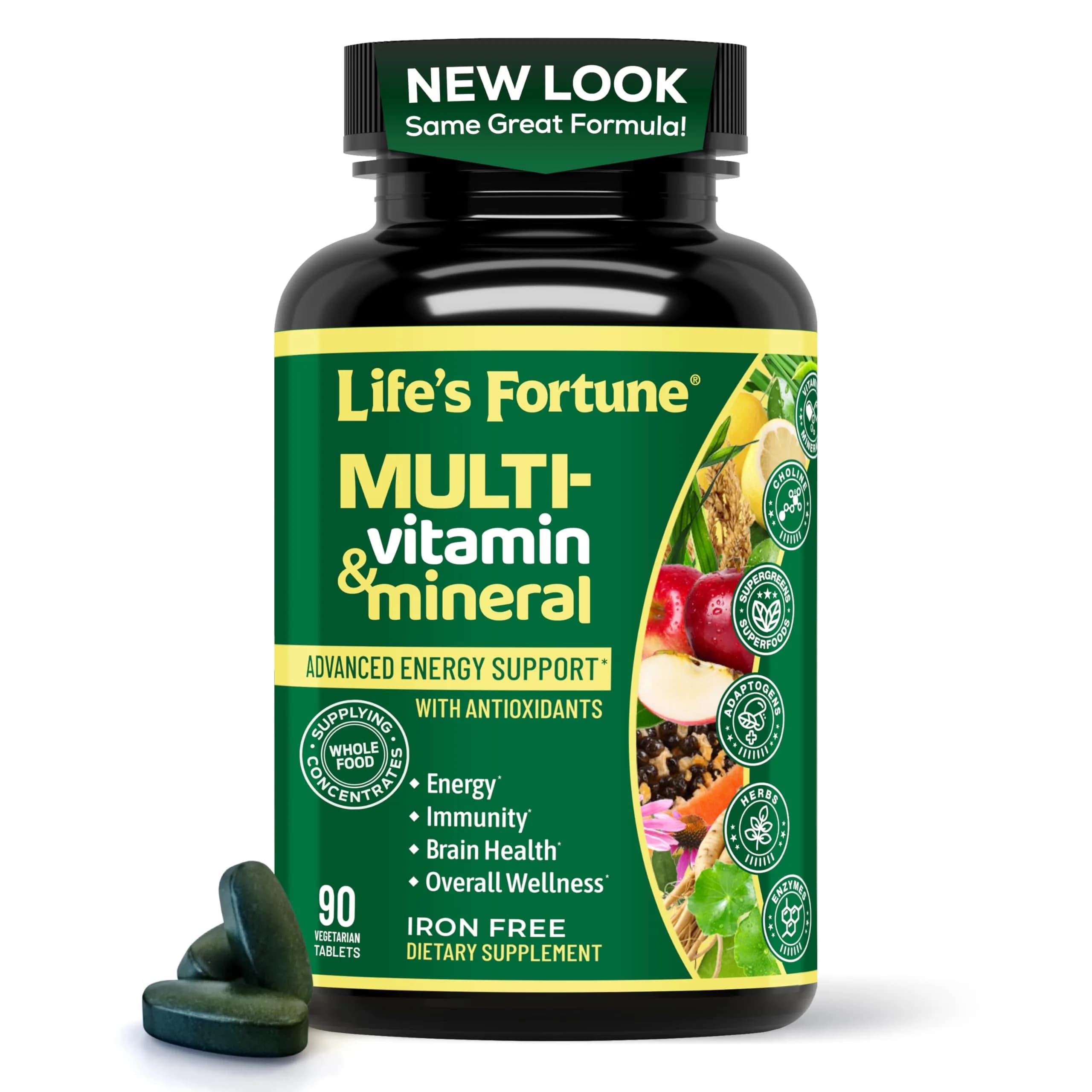 Life's Fortune Whole Food Multivitamin & Mineral Supplement for Men & Women – Energy Support Vitamins for Immune, Brain & Metabolism Support – Iron Free, 90 Vegetarian Tablets — Tablet