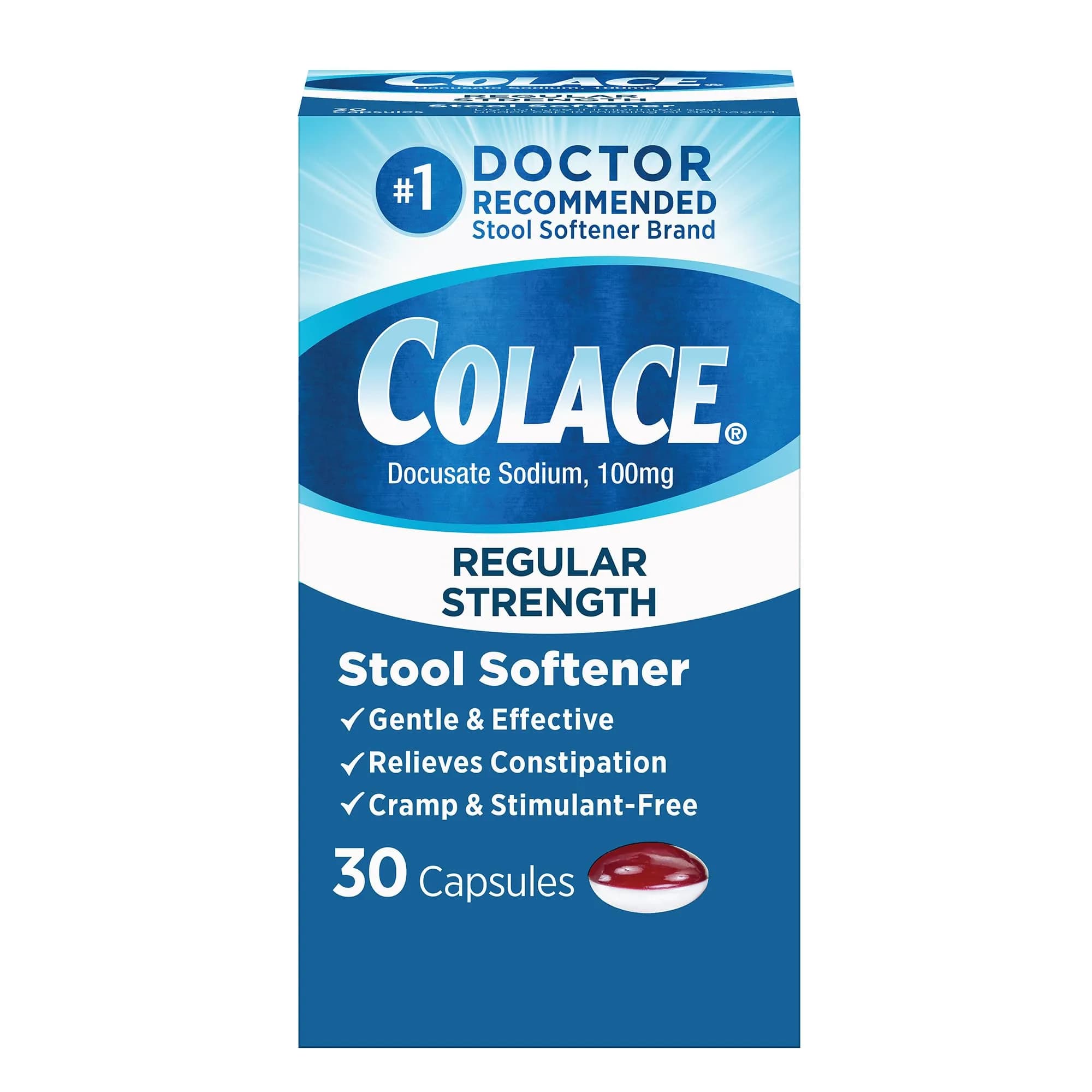 Colace Stool Softener Capsules 30 Count (100 mg) | Gentle Constipation Relief