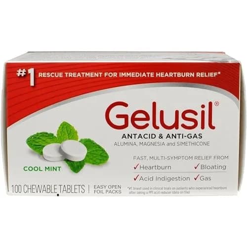 Gelusil Antacid & Anti Gas Tablets for Heartburn Relief, Acid Reflux, Bloating and Gas, Cool Mint - 100ct Blister Pack | Fast Relief & Safe for Night Use thumbnail 1