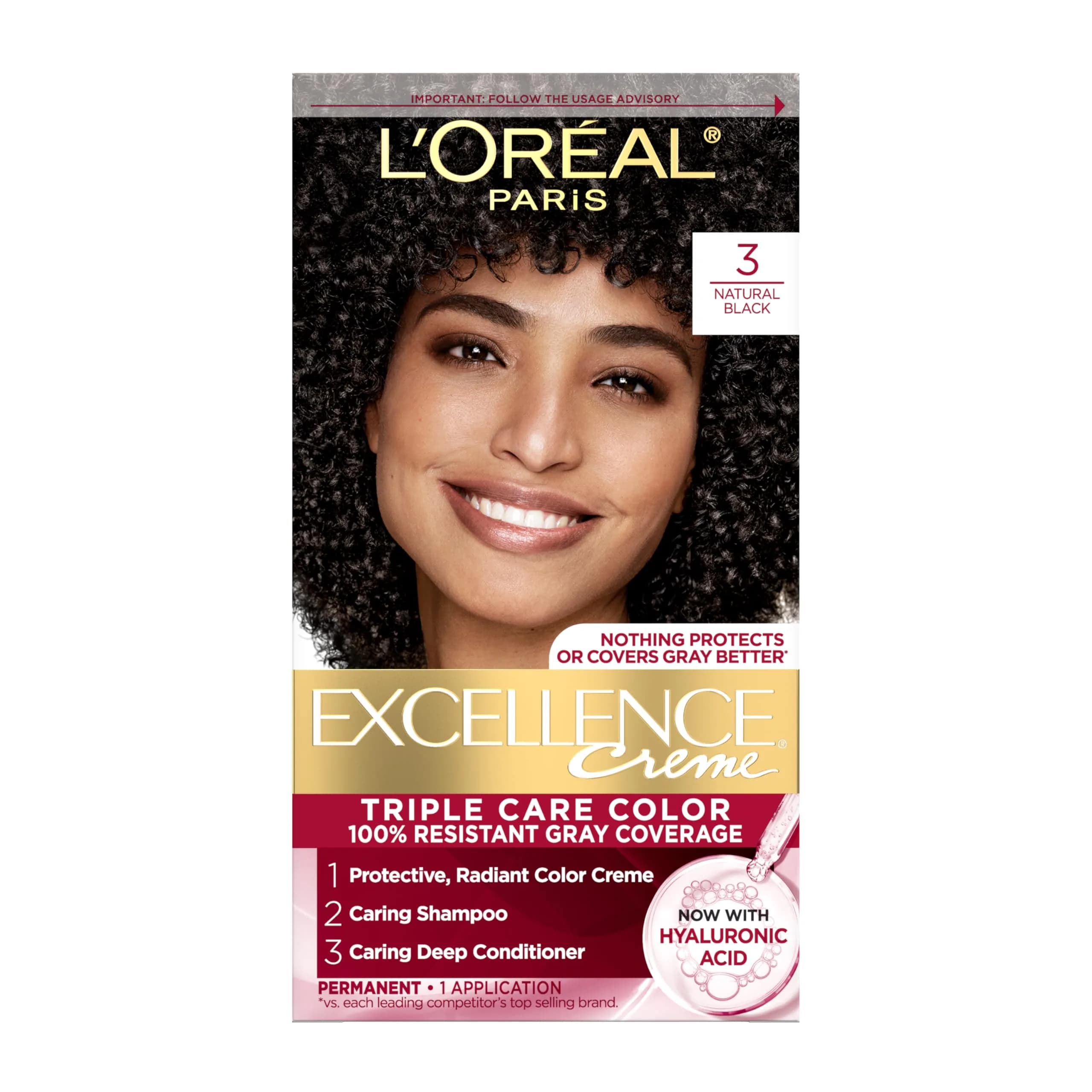 L'Oreal Paris Excellence Crème Permanent Hair Dye 3 Natural Black | Triple Care Color Routine with Hyaluronic Acid for 100% Gray Coverage