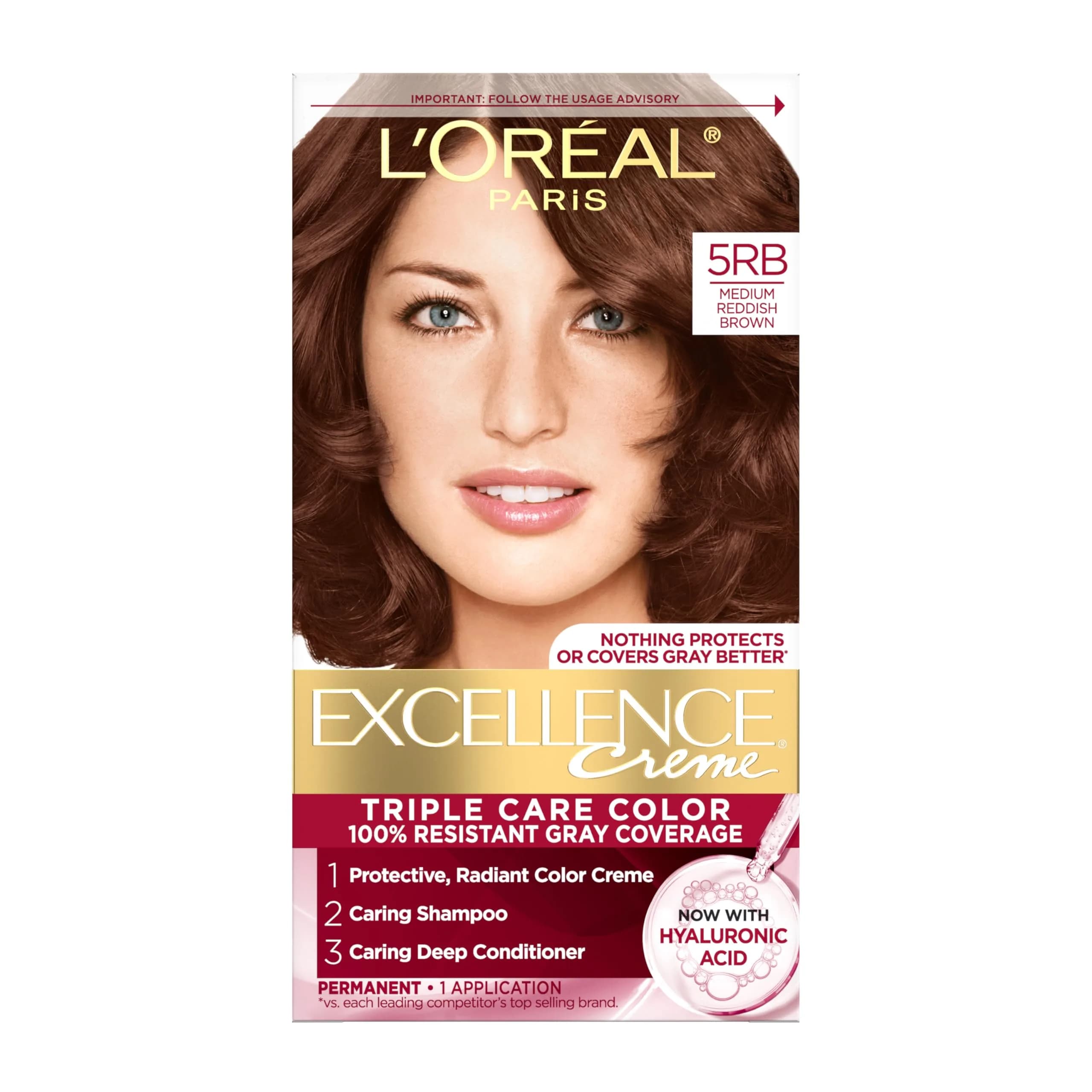L'Oreal Paris Excellence Crème Permanent Hair Dye 5RB Medium Reddish Brown | Triple Care Color Routine with Hyaluronic Acid