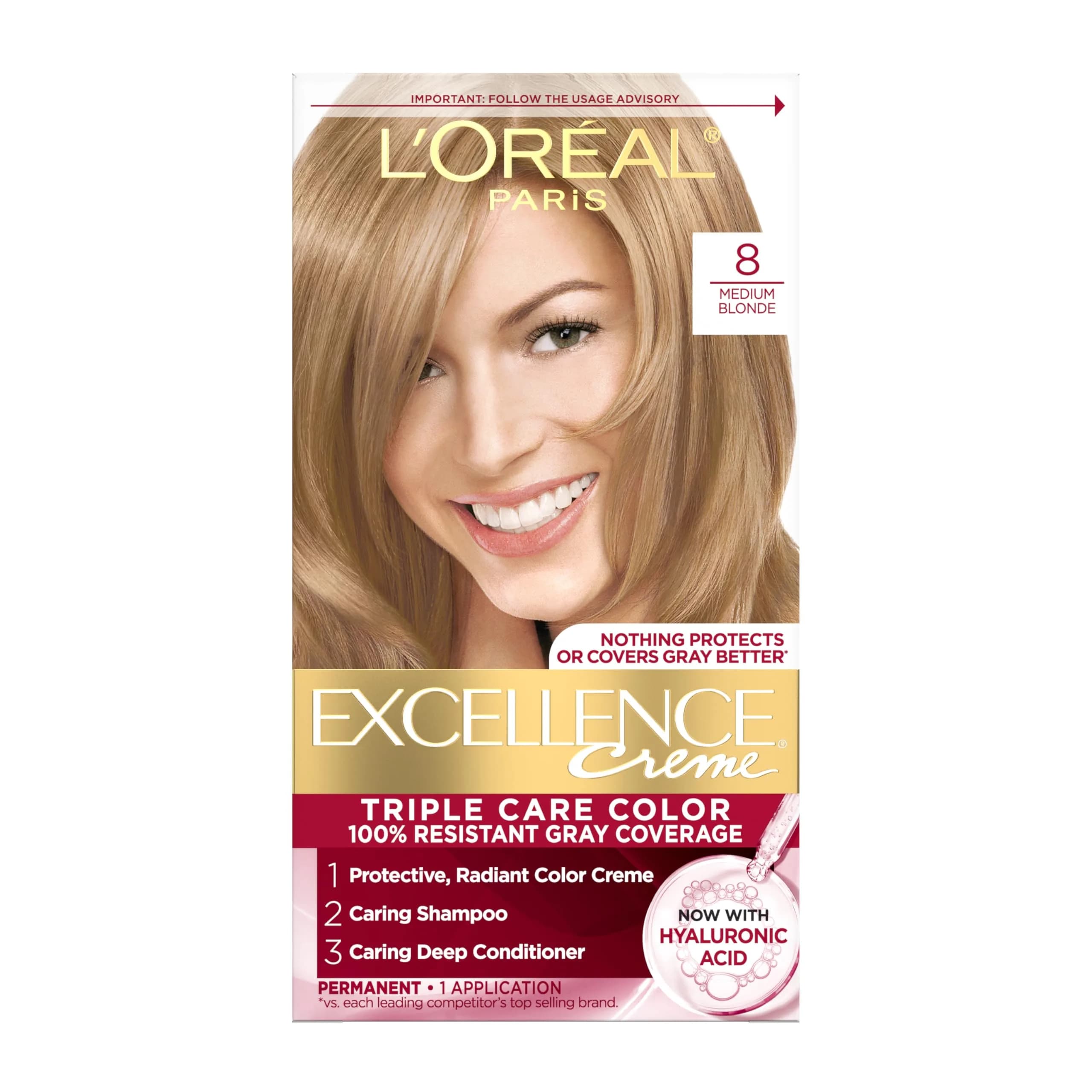 L'Oreal Paris Excellence Crème Permanent Hair Dye Medium Blonde | Triple Care Color with Hyaluronic Acid for 100% Gray Coverage
