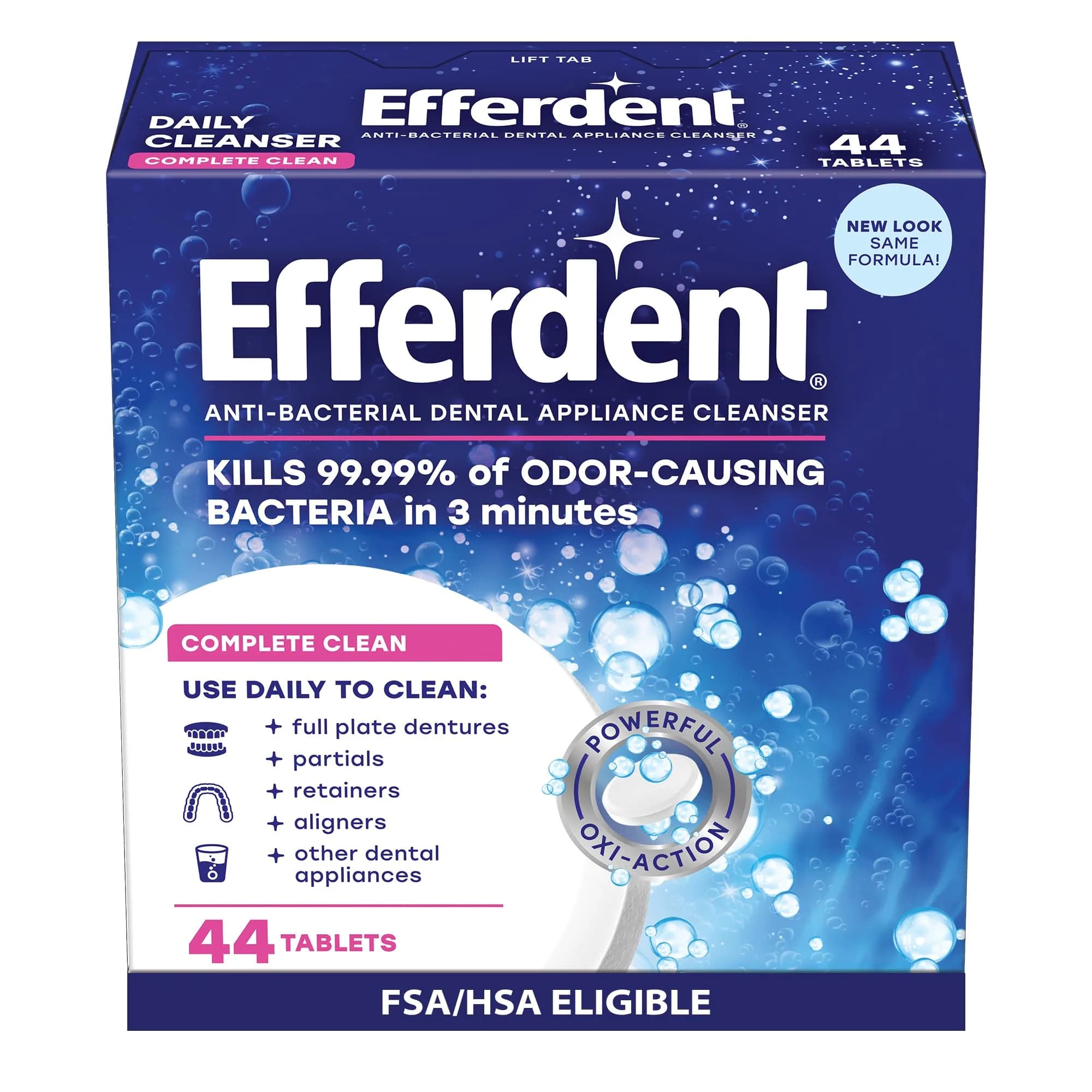 Efferdent Denture Cleaner Tablets Complete Clean 44 Count | Kills 99.99% Bacteria in 3 Minutes