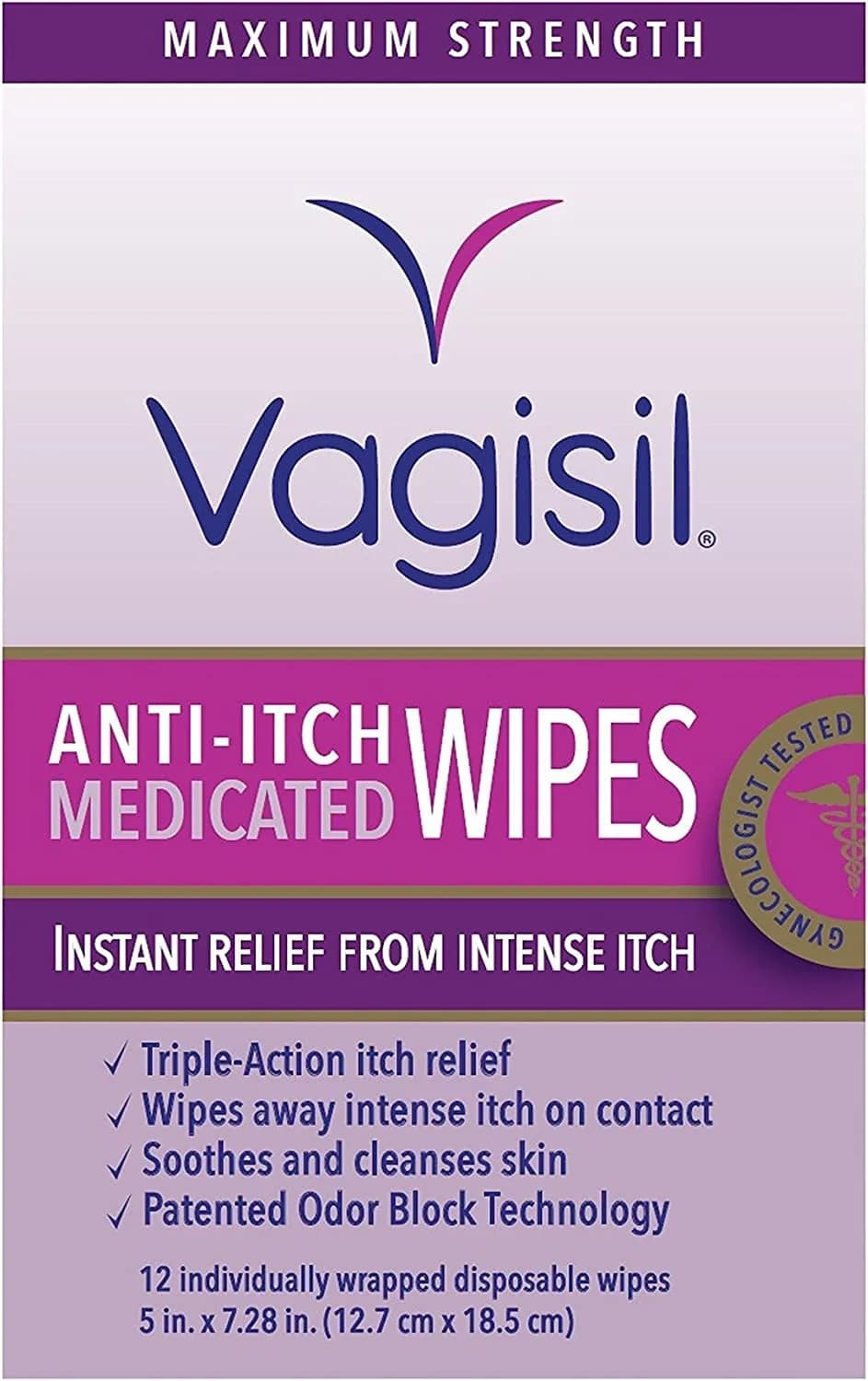 Vagisil Anti-Itch Medicated Feminine Wipes, Max Strength, 12 Wipes (1 Pack) | Fast Relief for Intense Vaginal Itching - main product image