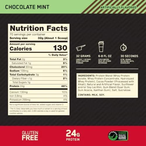 Optimum Nutrition Gold Standard 100% Whey Protein Powder Chocolate Mint 2.27 kg (5 lb) | 24g Protein Per Serving thumbnail 3