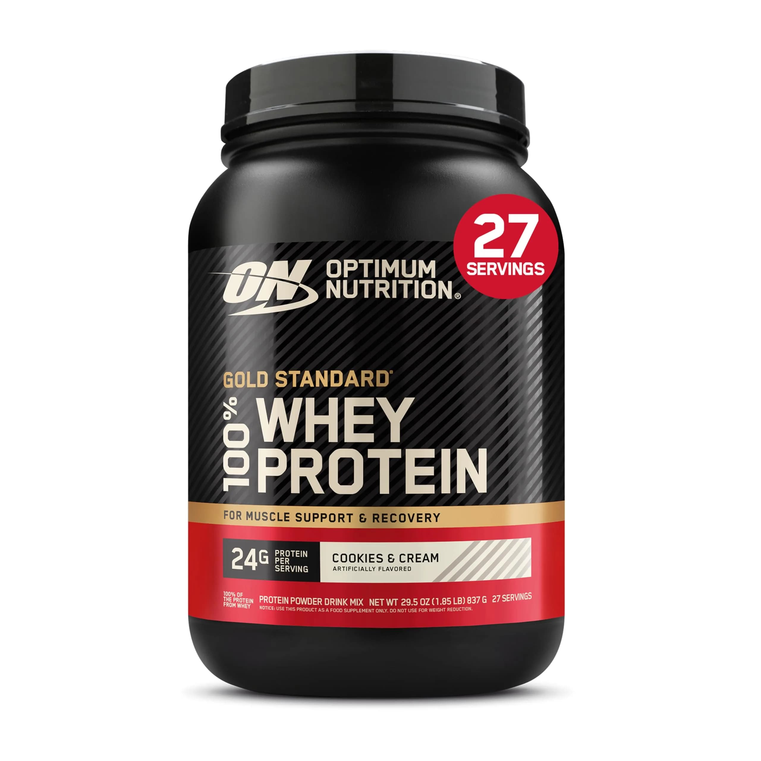Optimum Nutrition Cookies & Cream protein powder tub Whey concentrate 27 servings