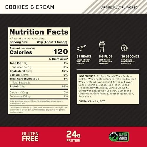 Optimum Nutrition Gold Standard 100% Whey Protein Powder Cookies & Cream 907g (2lb) | High-Quality Protein for Muscle Support thumbnail 3