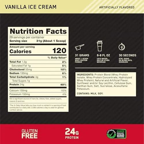 Optimum Nutrition Gold Standard 100% Whey Protein Powder Vanilla Ice Cream 4.65 kg (10.3 lb) | 24g Protein Per Serving, Gluten-Free, Banned Substance Tested thumbnail 3