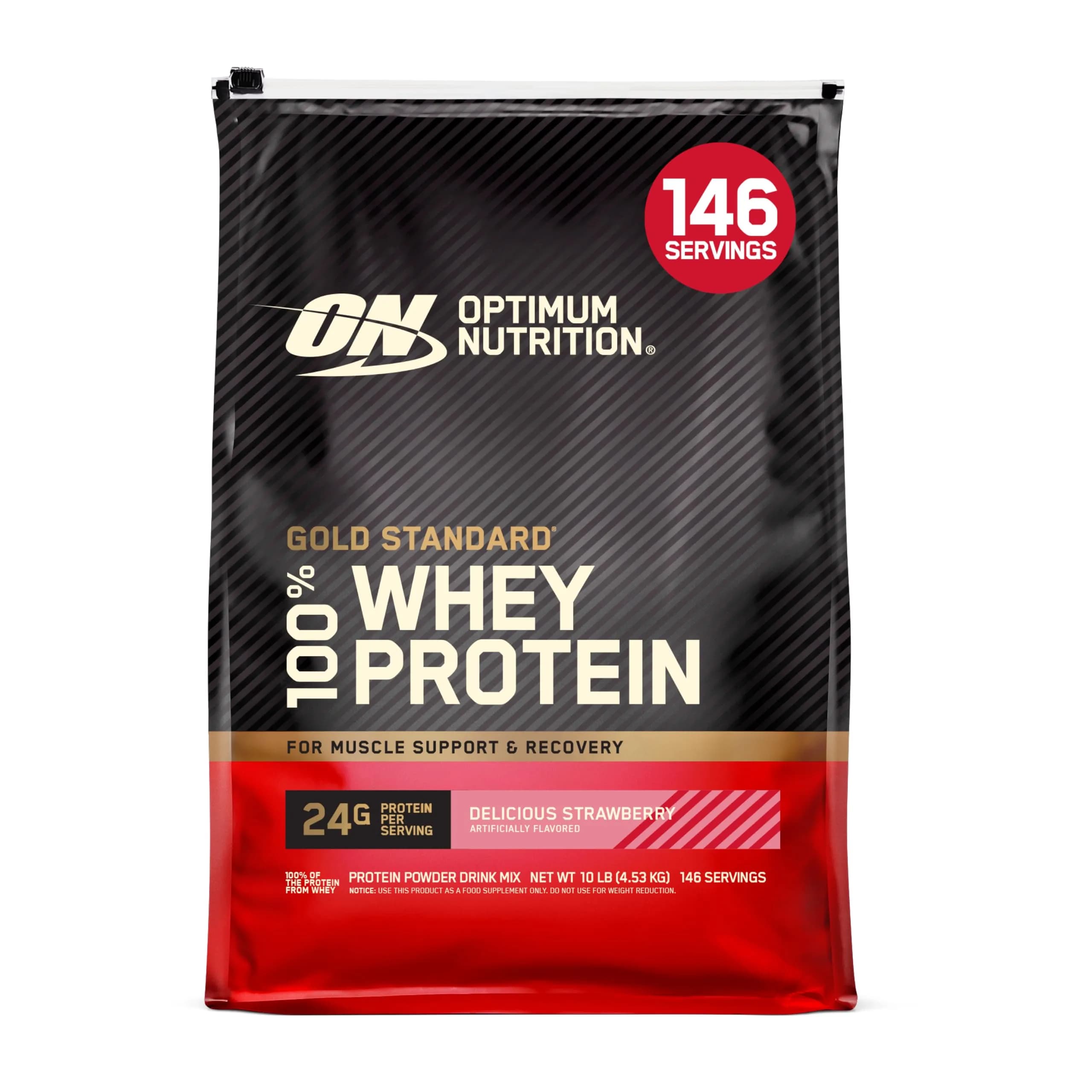 Optimum Nutrition Gold Standard 100% Whey Protein Powder, Delicious Strawberry, 4.54 kg (10 lb) | High Protein for Muscle Support