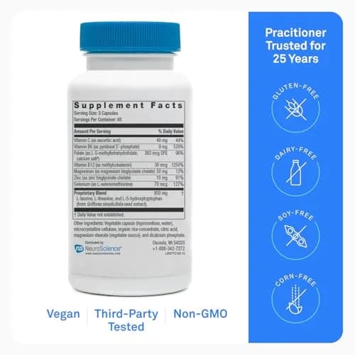 NeuroScience TravaCor Mood Support Supplement, 120 Capsules | Supports Calm & Stress Relief thumbnail 6