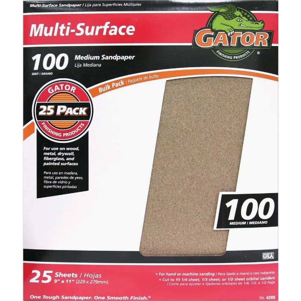 Gator 9" x 11" Multi-Surface Sanding Sheets, 180 Grit, 25 Pack | Aluminum Oxide for Wood, Metal, Paint — 100 Grit