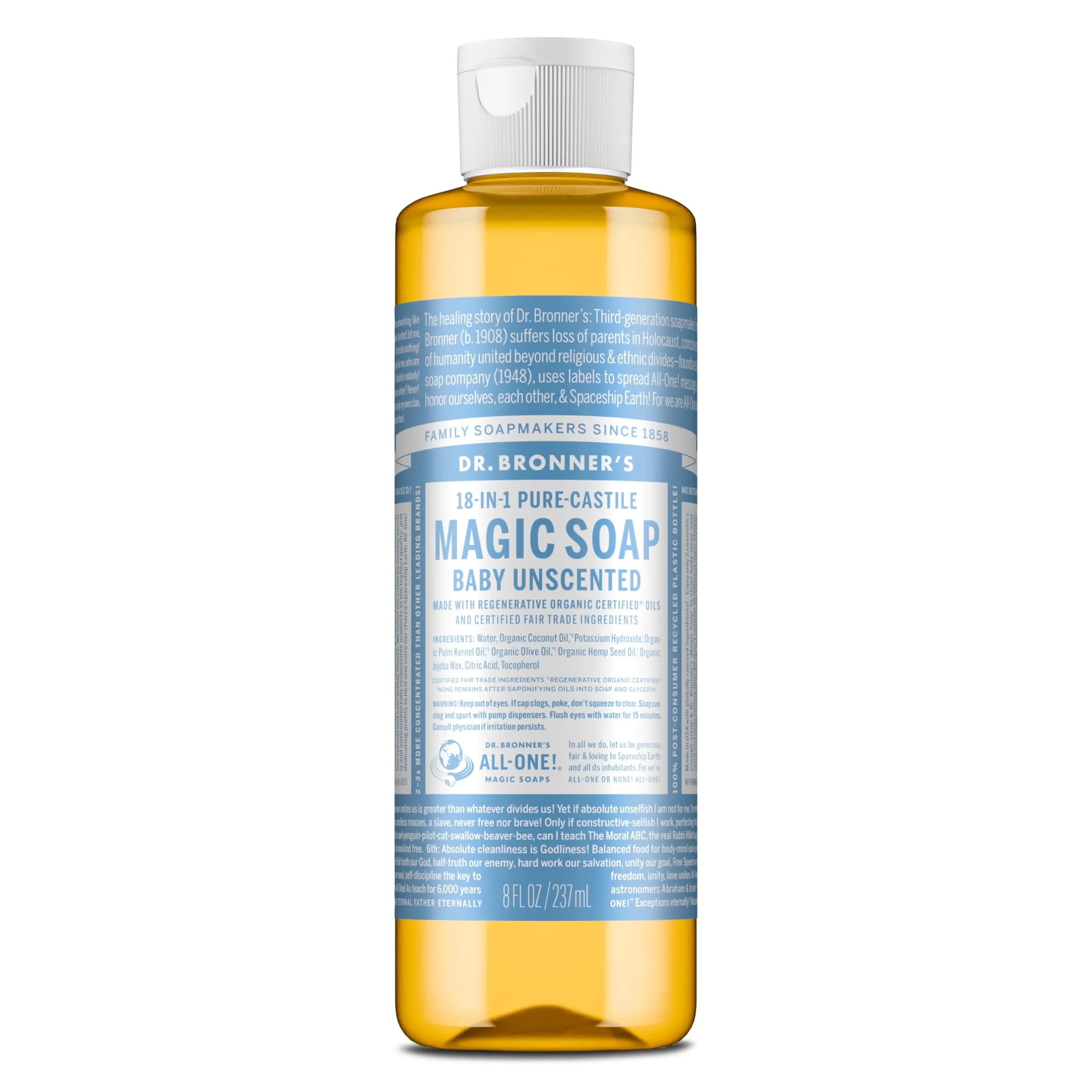 Dr. Bronner's Pure-Castile Liquid Soap Baby Unscented 237ml (8 Fl Oz) | Gentle Vegan Formula for Sensitive Skin - main product image