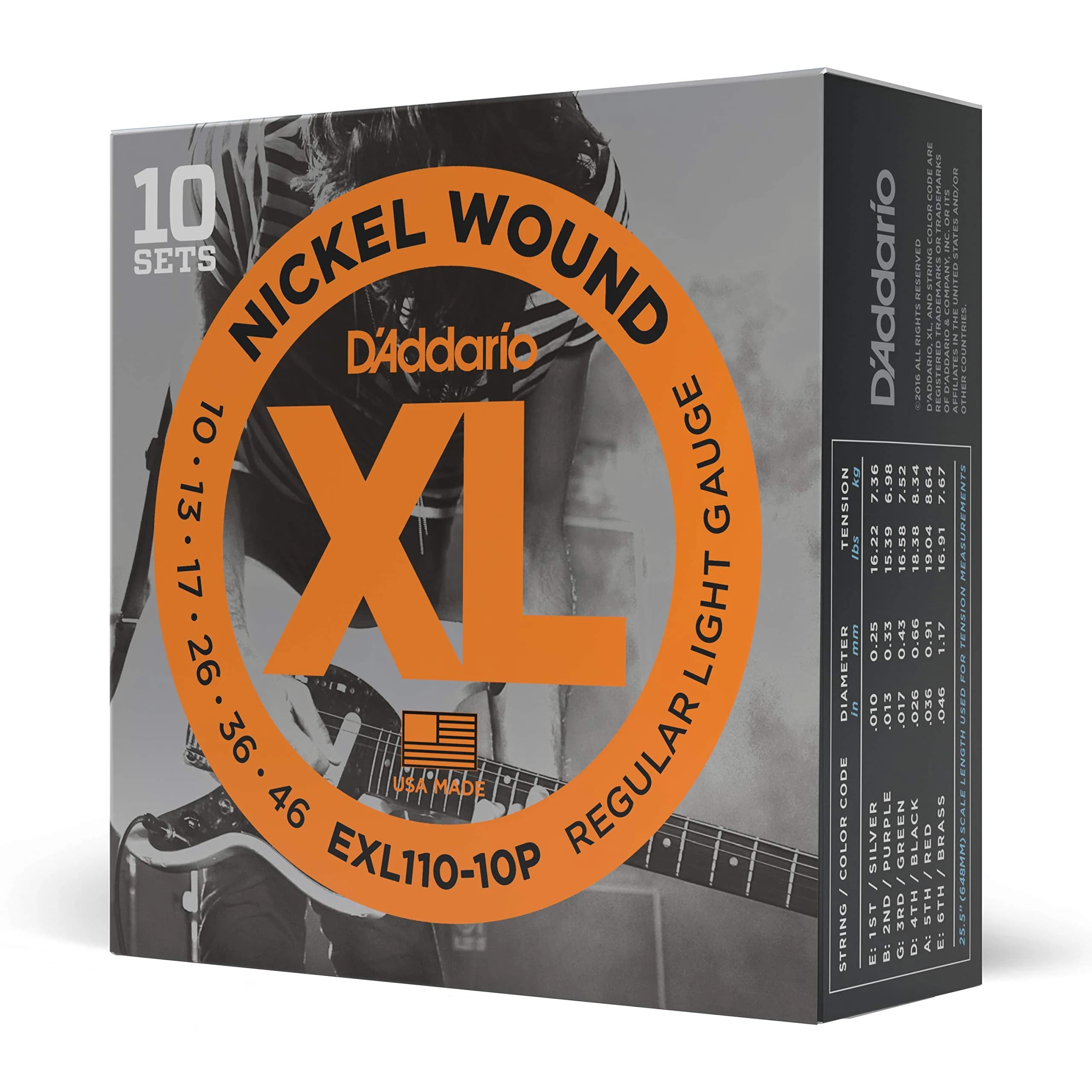 D'Addario XL Nickel EXL110-10P Electric Guitar Strings, Regular Light 10-46 Gauge, 10 Sets