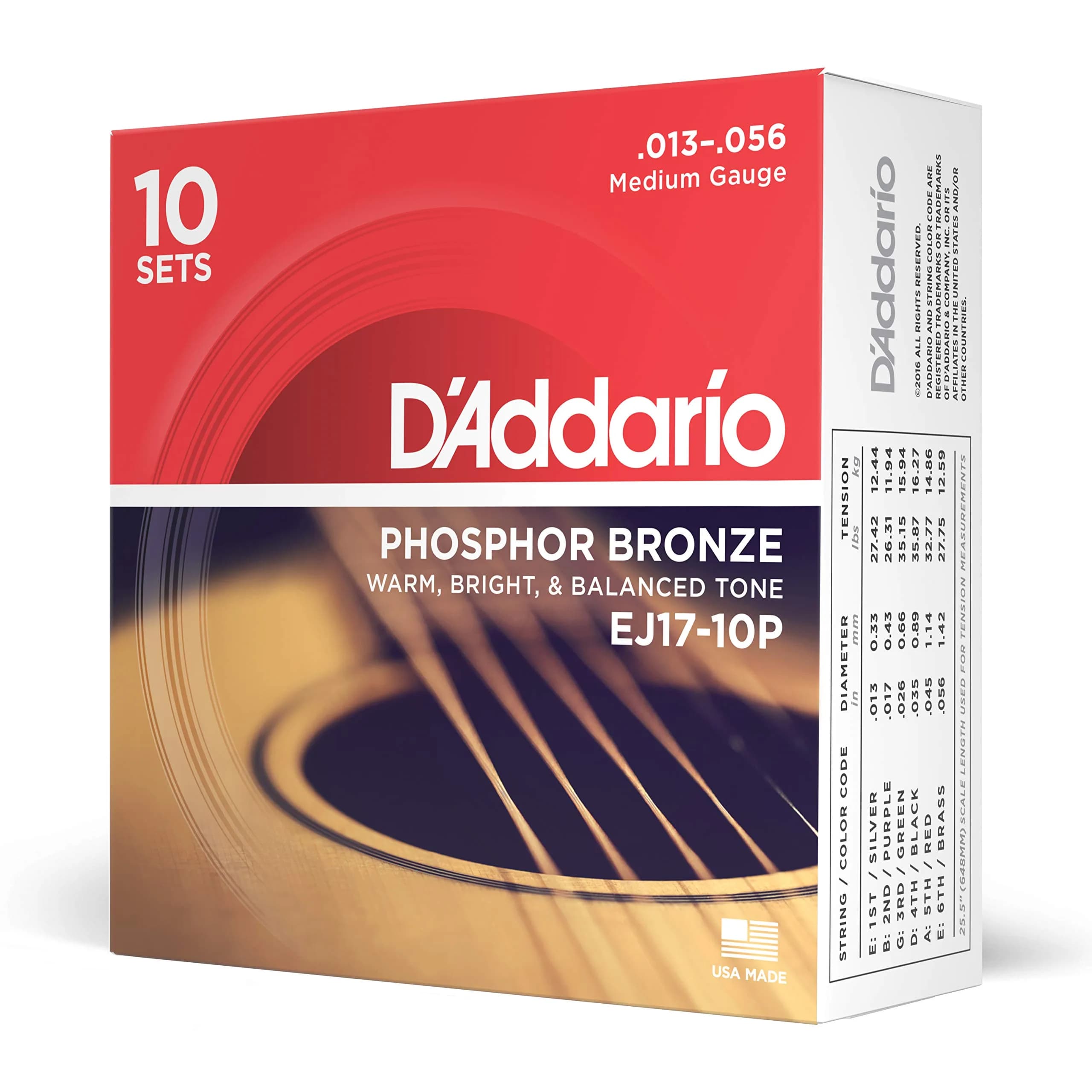 D'Addario EJ17-10P Phosphor Bronze Acoustic Guitar Strings 13-56, 10 Sets | Medium Gauge for Maximum Volume