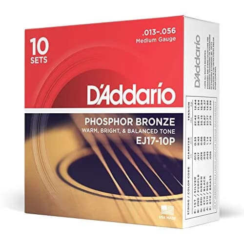 D'Addario EJ17-10P Phosphor Bronze Acoustic Guitar Strings 13-56, 10 Sets | Medium Gauge for Maximum Volume thumbnail 1