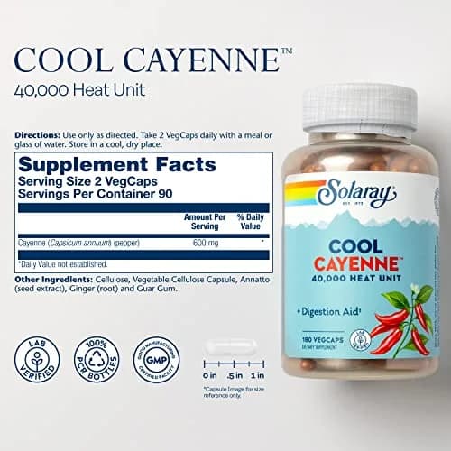 SOLARAY Cool Cayenne Pepper 40,000 HU | Digestion & Circulation Support, Lab Verified, 180 VegCaps thumbnail 2