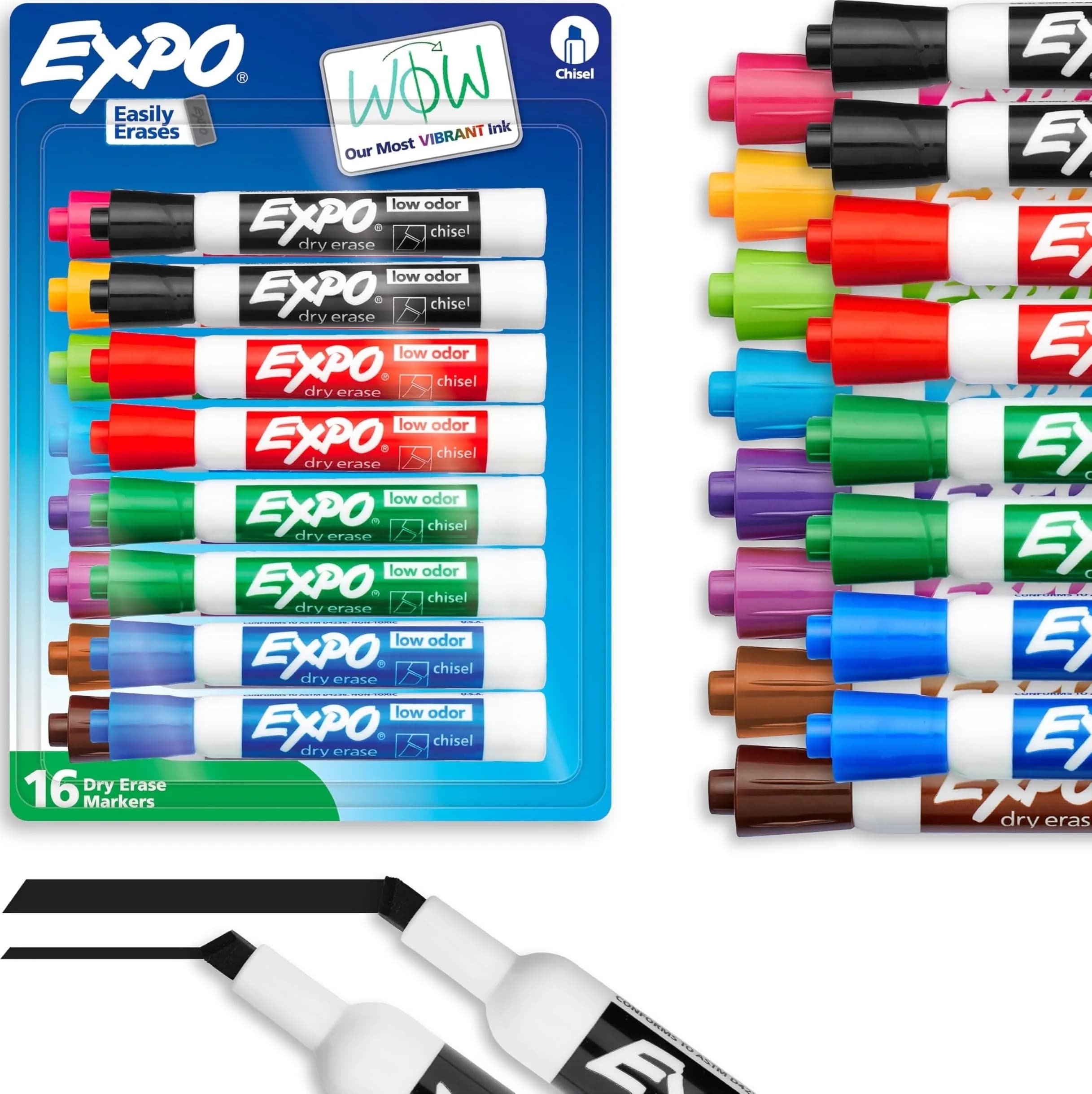 EXPO Dry Erase Markers, Low Odor Ink, Assorted Colors, Chisel Tip, 16 Count | Vibrant Ink for Whiteboards