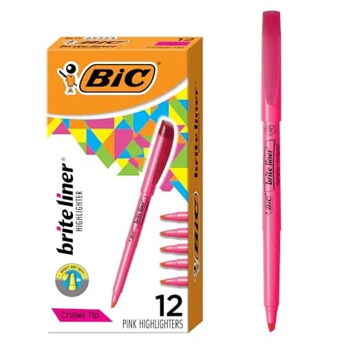 BIC Brite Liner Highlighters, Chisel Tip, 12-Count Pink Set | ACMI-Approved Non-Toxic Markers thumbnail 1