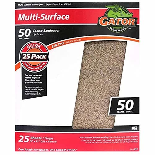 Gator 9" x 11" Multi-Surface Sanding Sheets, 50 Grit, 25 Pack | Extra Coarse Aluminum Oxide for Wood, Metal, Fiberglass thumbnail 1