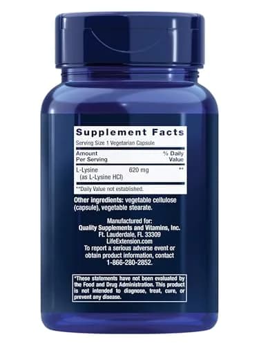 Life Extension L-Lysine 620 mg Vegetarian Capsules | Essential Amino Acid for Healthy Nitrogen Balance, Calcium Metabolism & Stress Response thumbnail 2