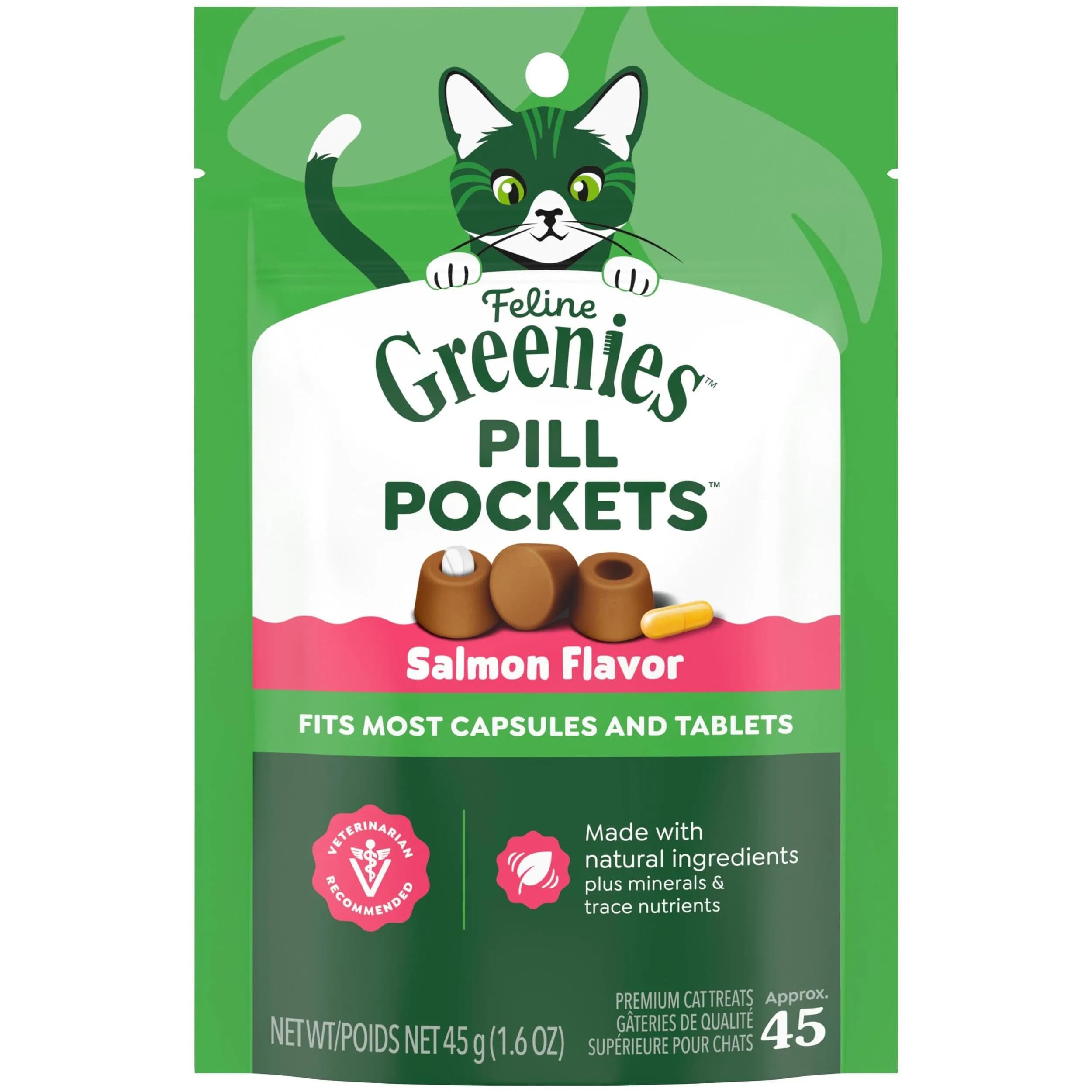 Greenies Feline Pill Pockets Salmon Flavor Cat Treats 1.6 oz (45 Count) | Vet-Recommended Pill Hiding