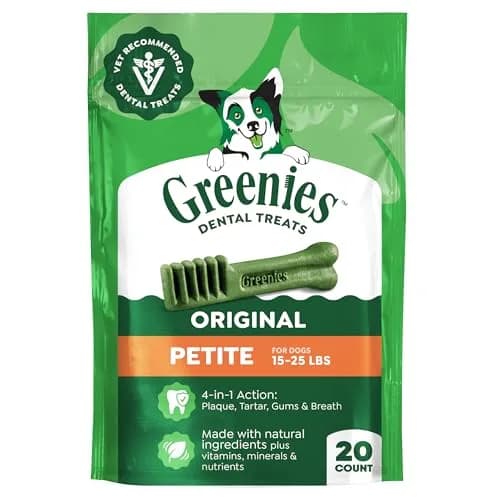 Greenies Petite Natural Dental Dog Treats, Original Flavor, 20 Count | Supports Plaque & Tartar, Fresh Breath (100-120c) thumbnail 1