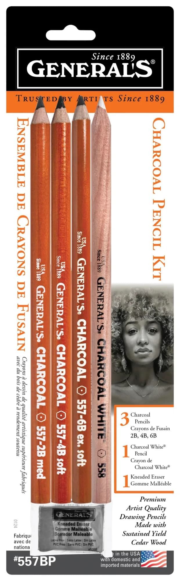 GENERAL'S Charcoal Drawing Set, White/Black, 5-Piece Kit | Conforms to ASTM D4236 — White/Black
