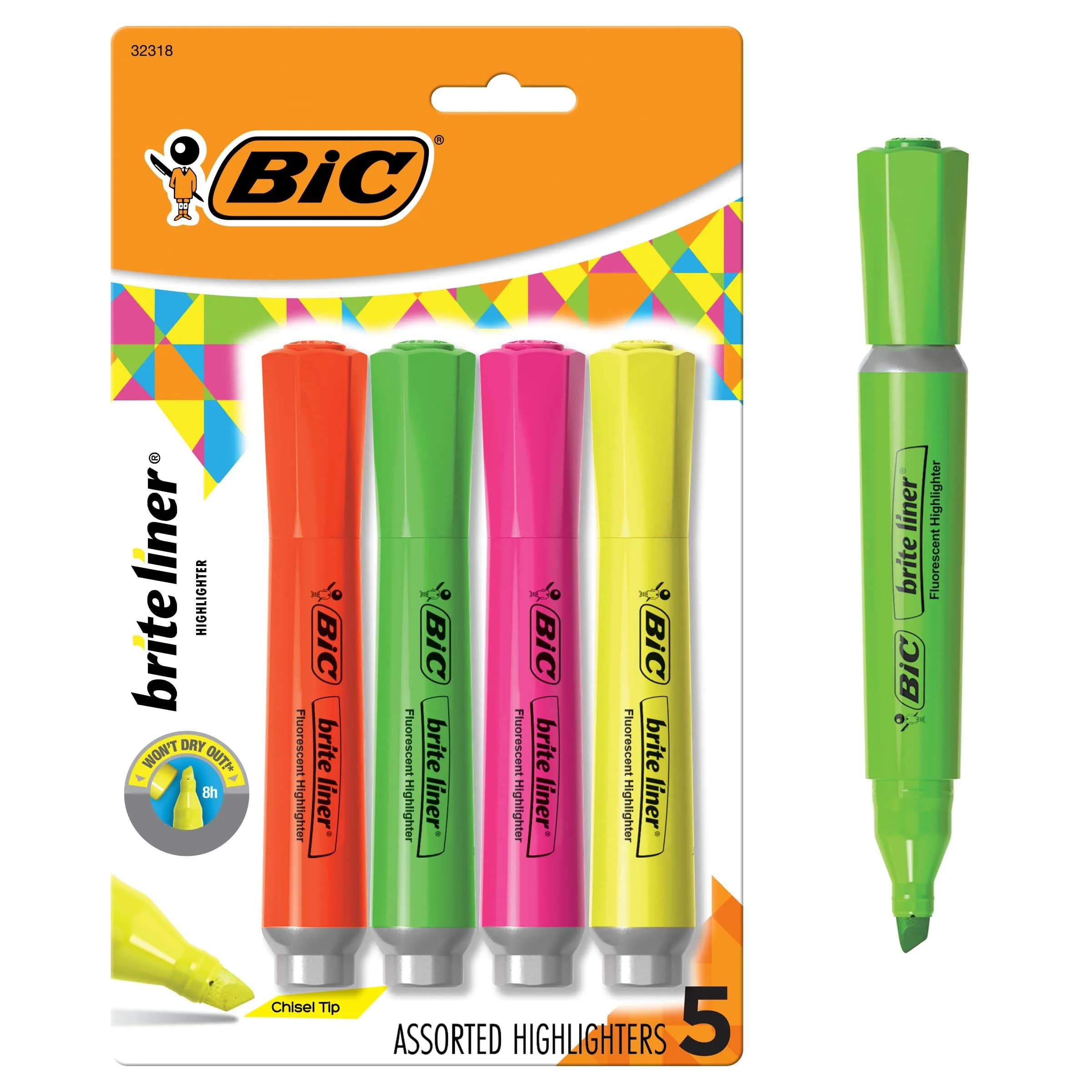 BIC Brite Liner Grip XL Highlighters, Chisel Tip, 4-Count Pack, Assorted Colors | ACMI-Approved - main product image