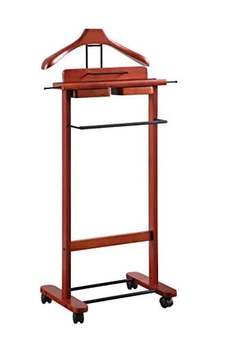 Proman Products Deluxe Suit Valet Stand VL16204 with Top Tray, Slide Out Tray, Contour Hanger, Trouser Bar, Tie & Belt Hooks and Shoe Rack, 17" W x 13" D x 41" H, Dark Cherry | Solid Wood thumbnail 1