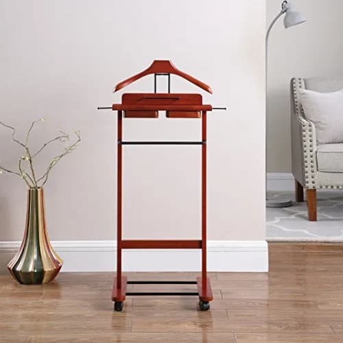 Proman Products Deluxe Suit Valet Stand VL16204 with Top Tray, Slide Out Tray, Contour Hanger, Trouser Bar, Tie & Belt Hooks and Shoe Rack, 17" W x 13" D x 41" H, Dark Cherry | Solid Wood thumbnail 2