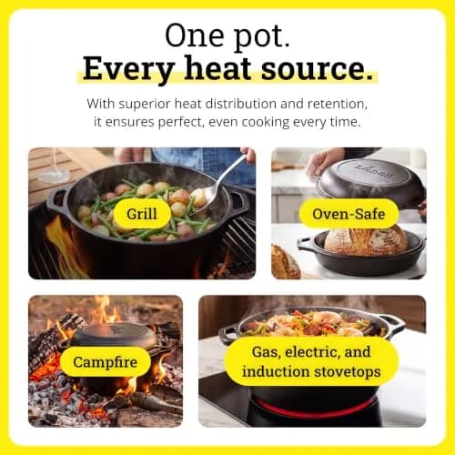 Lodge Cast Iron Double Dutch Oven with Skillet Lid, 5 Quart (4.73 L) | USA-Sourced Heavy-Duty Cookware thumbnail 4