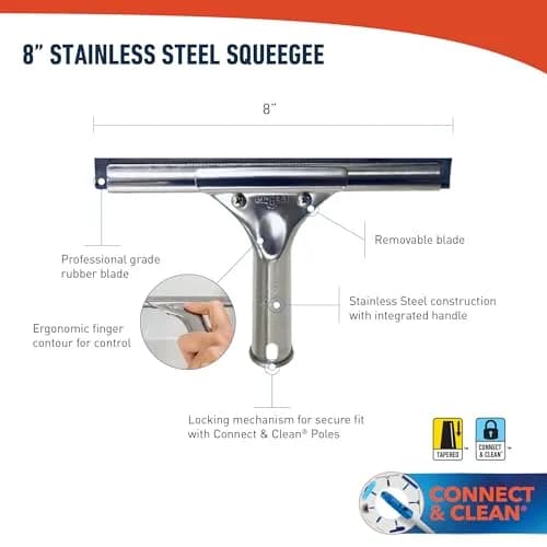 Unger Professional 8” Stainless Steel Window & Glass Squeegee | Heavy Duty, Streak-Free Results for Window Cleaning thumbnail 3