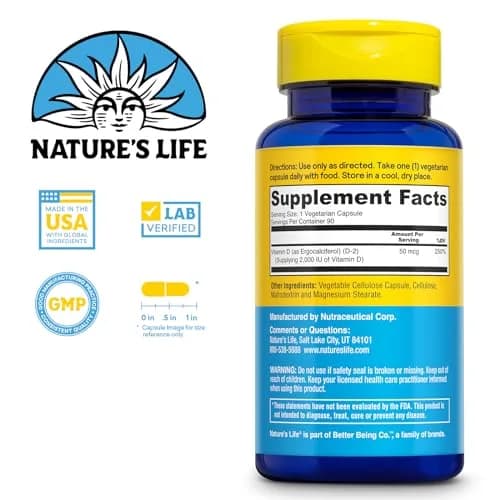 Nature's Life Vitamin D2 2000 IU | Vegan Supplement for Bone & Immunity Support (90 Vegetarian Capsules) thumbnail 2