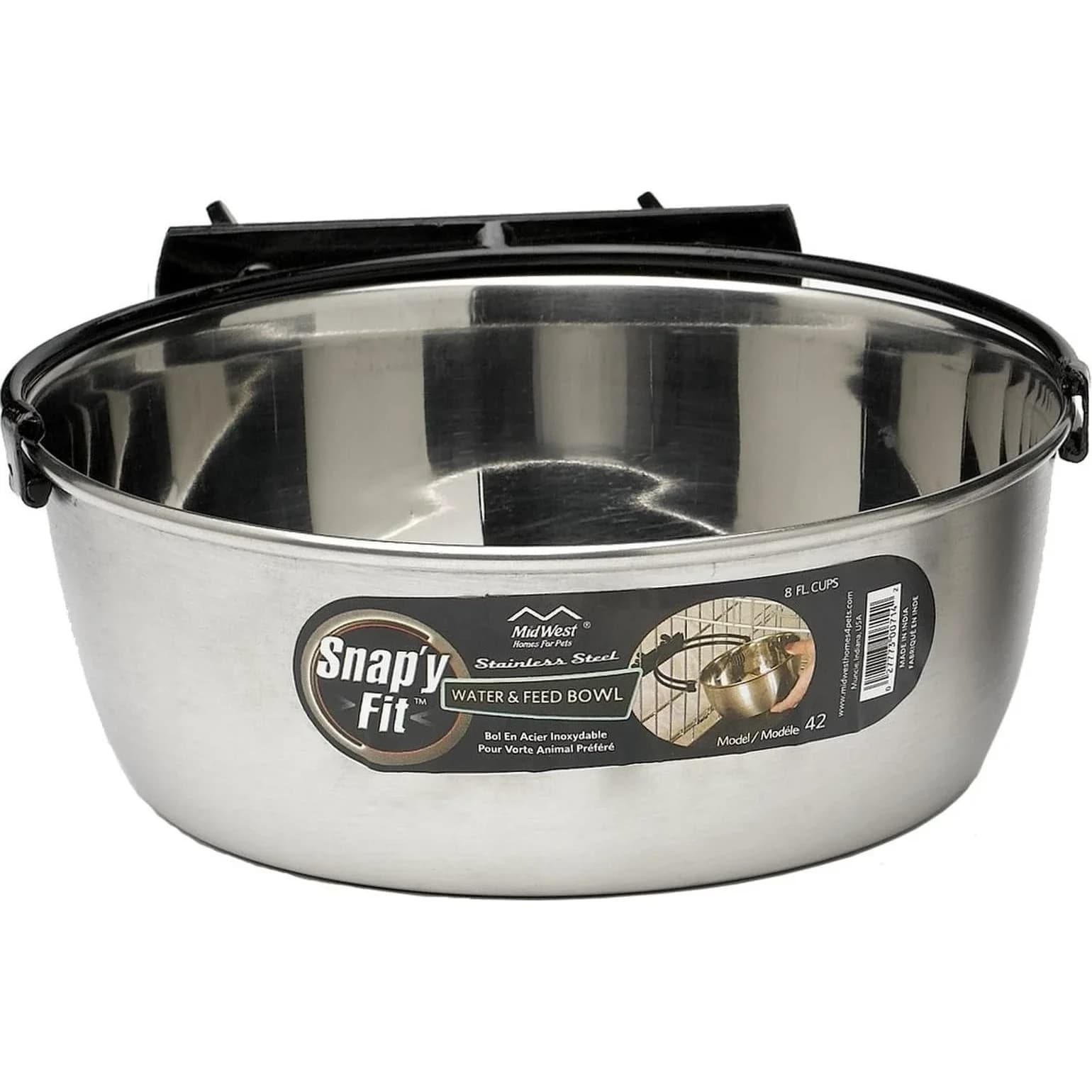 MidWest Homes for Pets Snap'y Fit Stainless Steel Food or Water Bowl 2 Quarts (8 Cups) | Mounts to Wire Crates, No-Tip Design - main product image