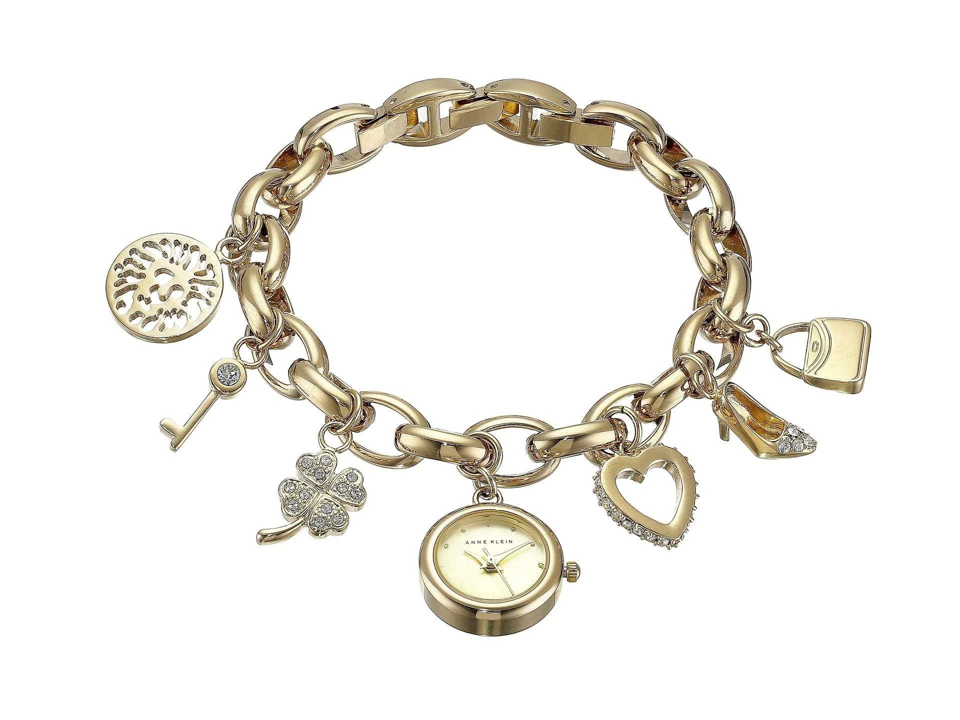Anne Klein Women's Gold Charm Bracelet Watch with Gold Dial & Crystal Accents | 20mm Case - main product image