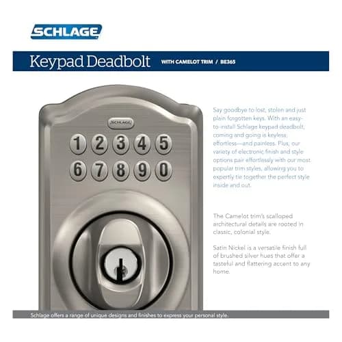 Schlage Electronic Keypad Deadbolt Lock, Camelot Trim, Satin Nickel | Secure Keyless Entry with Durable Metal Construction thumbnail 7