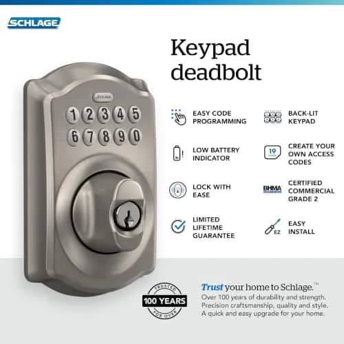 Schlage Electronic Keypad Deadbolt Lock, Camelot Trim, Satin Nickel | Secure Keyless Entry with Durable Metal Construction thumbnail 2
