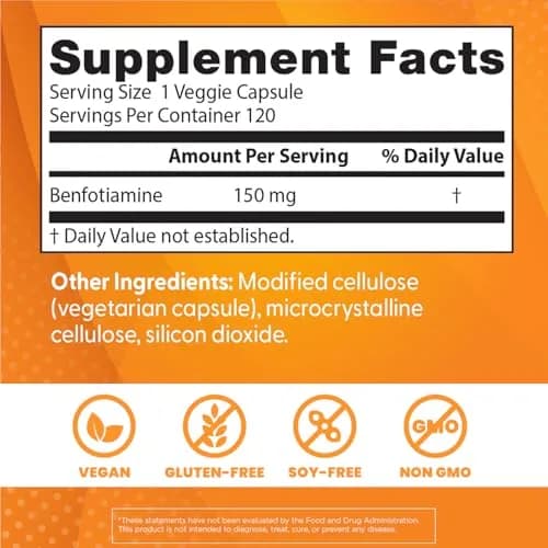 Doctor's Best Benfotiamine 150mg Supplement | Non GMO, Vegan, 120 Veggie Caps thumbnail 2