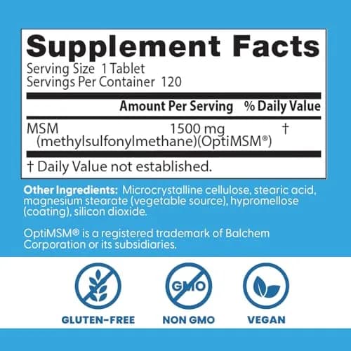 Doctor's Best MSM Tablets 1500mg | Supports Hair, Skin, Nails, Joint Health & Mobility (120 Count) thumbnail 3