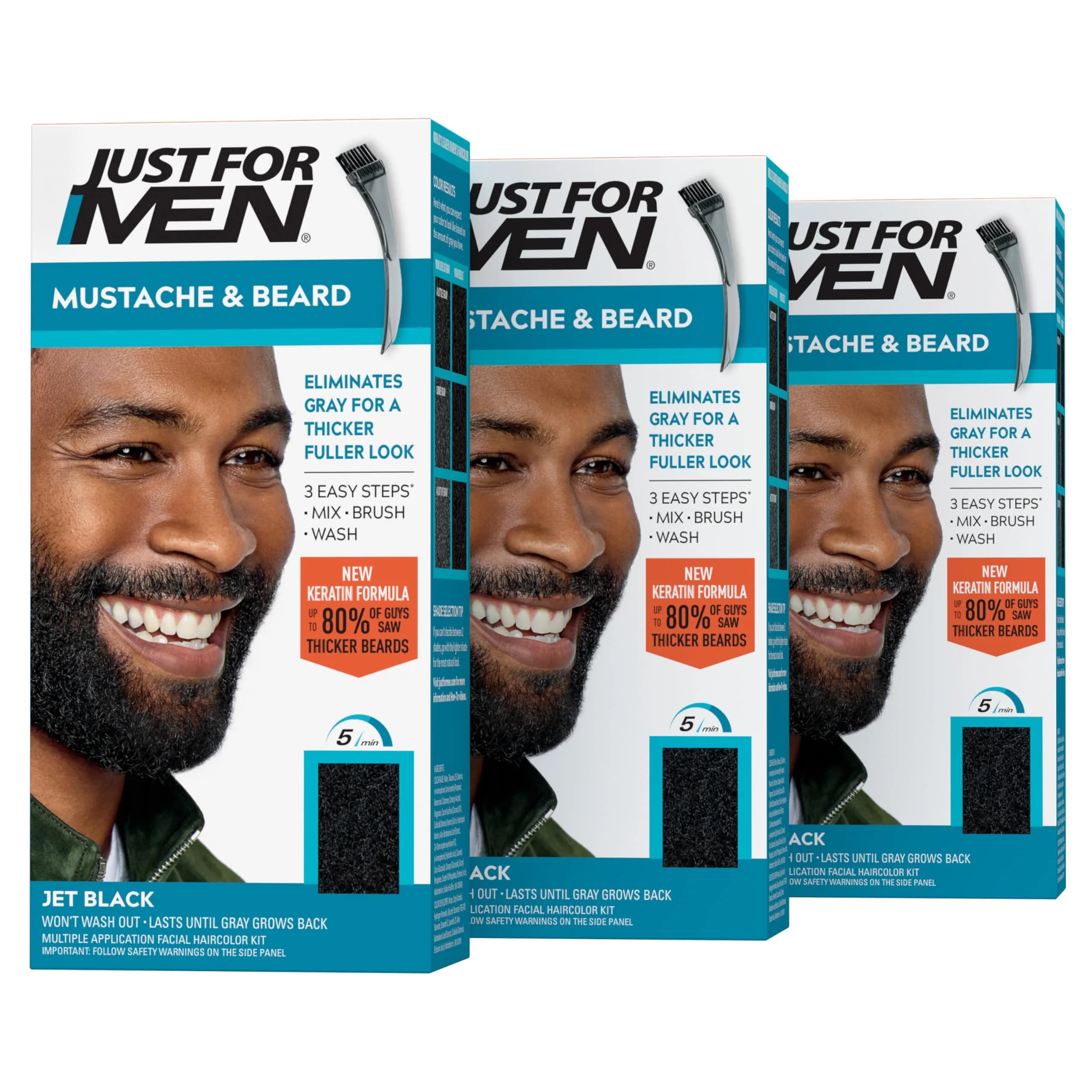 Just For Men Mustache & Beard Dye, Darkest Brown M-50 (3 Pack) | Keratin & Biotin Enriched for Coarse Facial Hair — Jet Black M-60